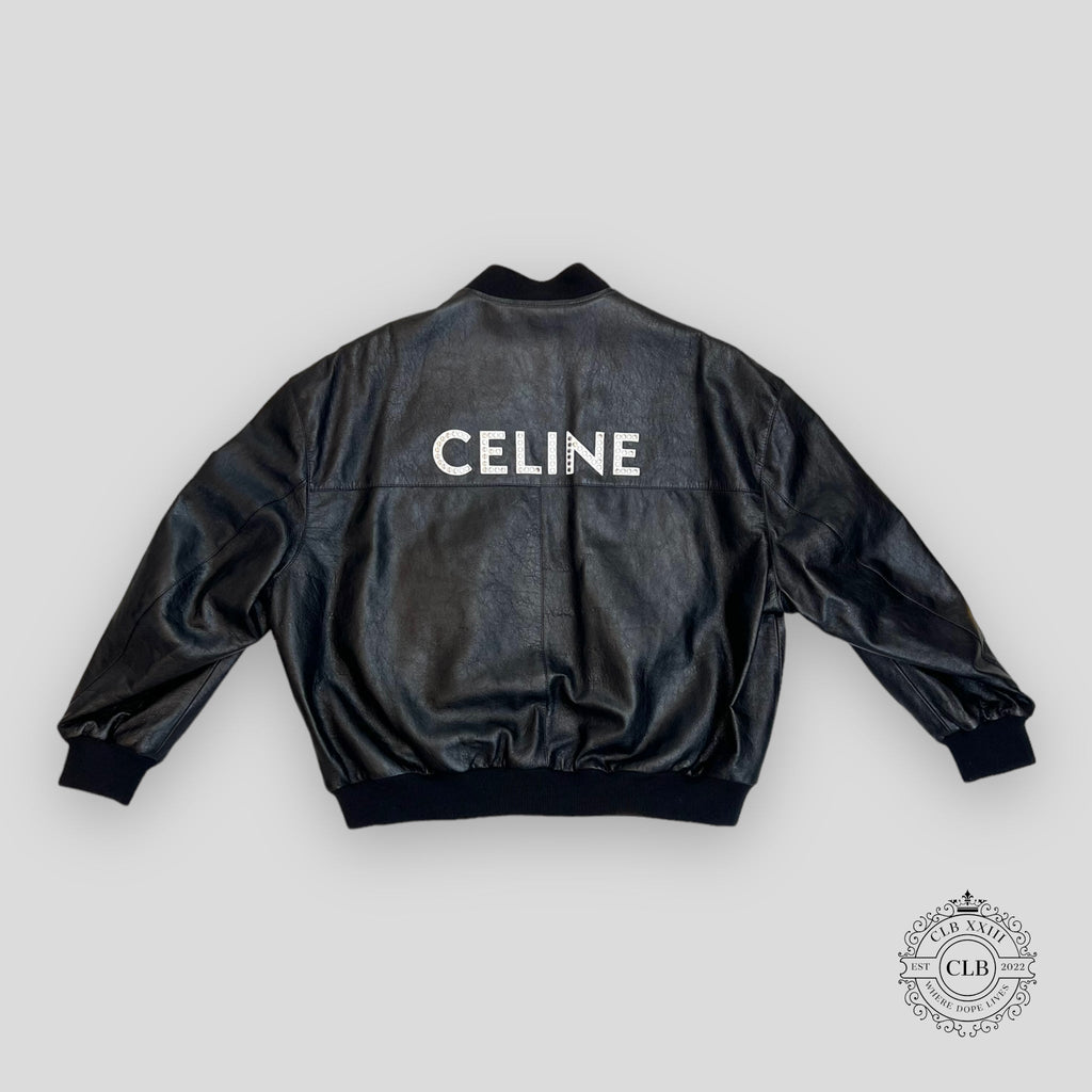 Celine Homme Studded Logo Leather Bomber Jacket in Black lambskin leather men's