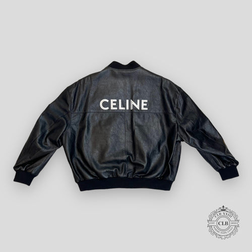 Celine Homme Studded Logo Leather Bomber Jacket in Black lambskin leather men's