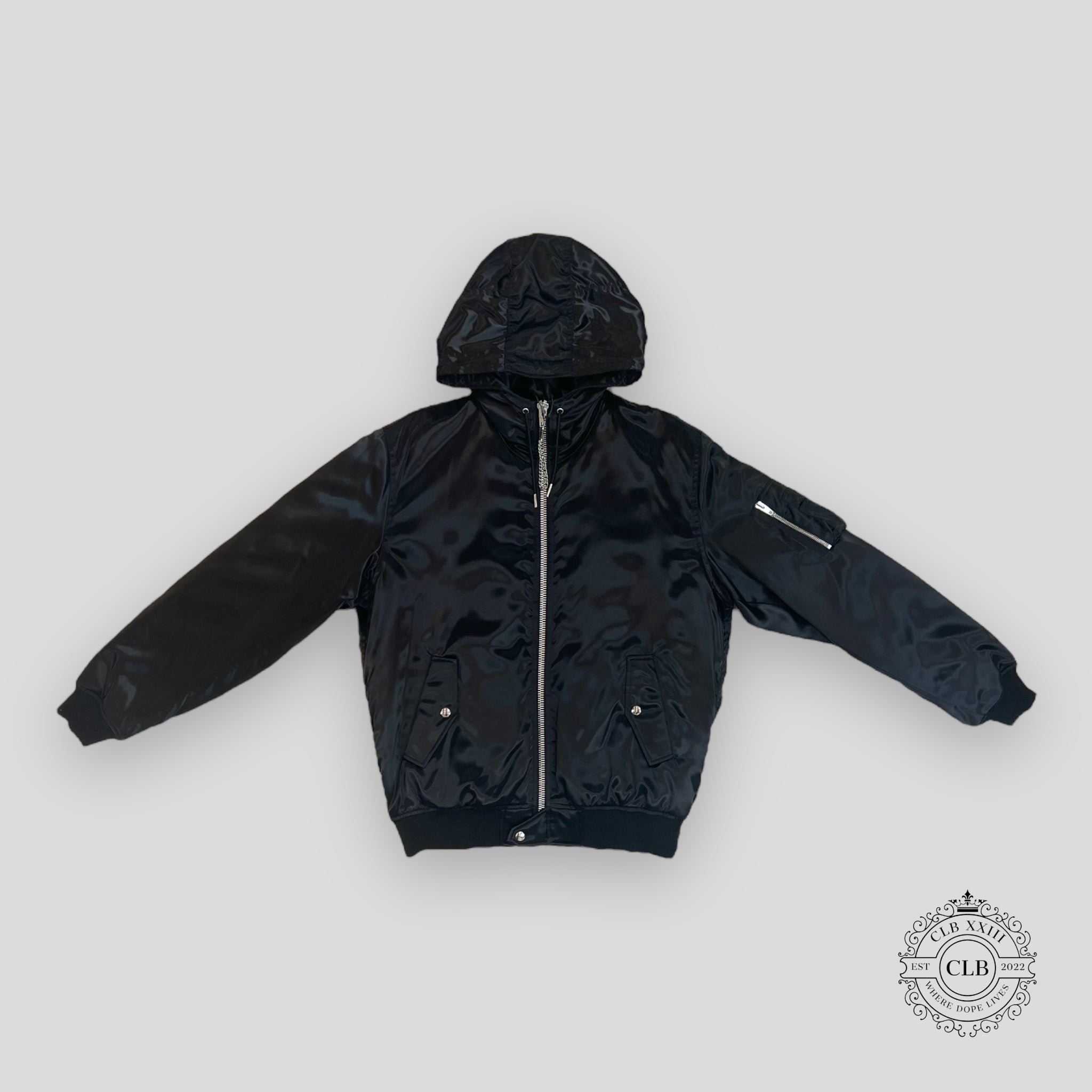Celine Homme Oversized Chain Logo Hooded Bomber in Black jacket coat Men's
