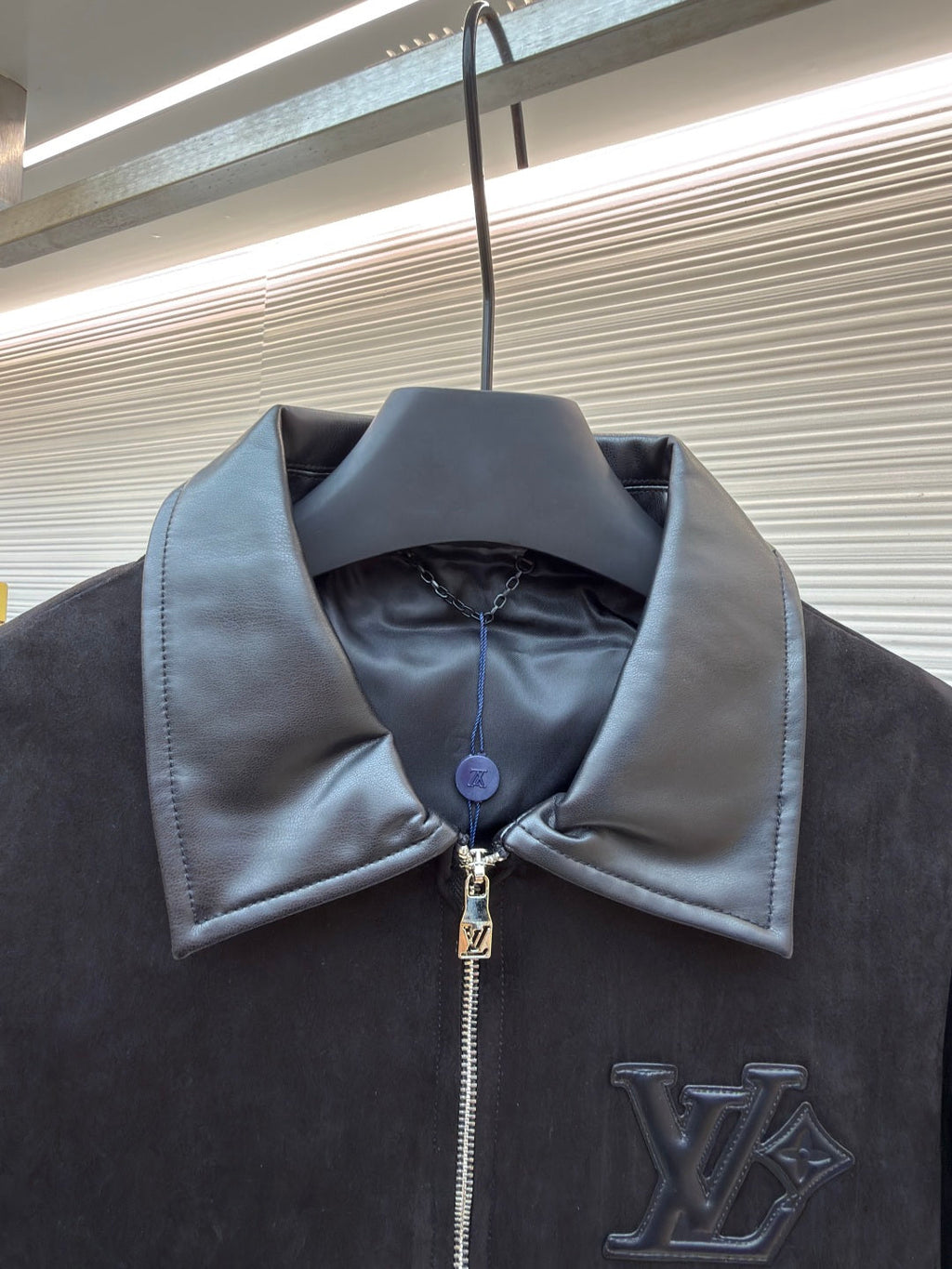 LV Mixed Leather Belt Jacket Men's Coat black