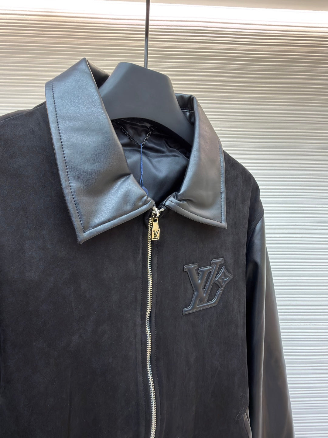 LV Mixed Leather Belt Jacket Men's Coat black