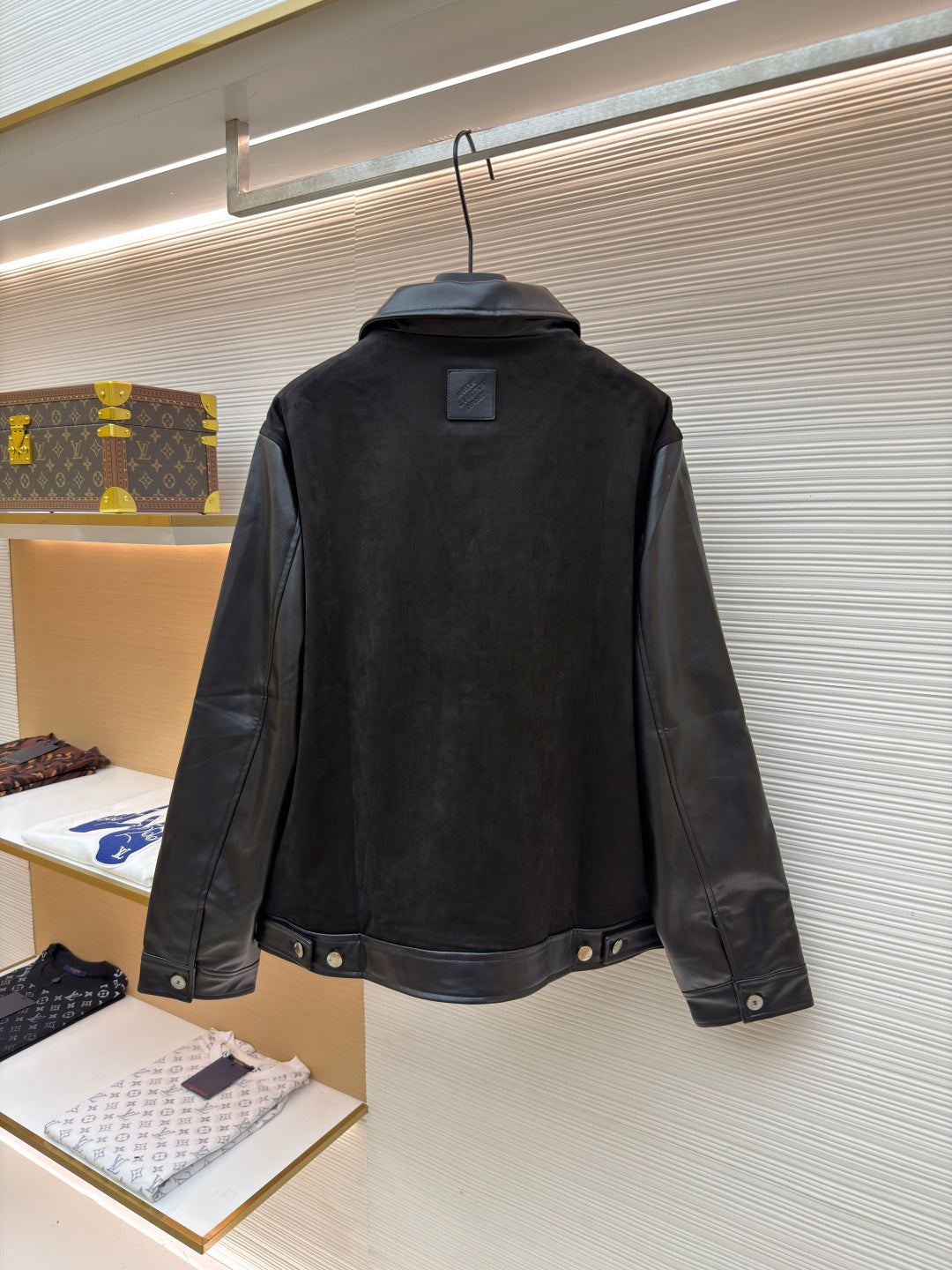 LV Mixed Leather Belt Jacket Men's Coat black