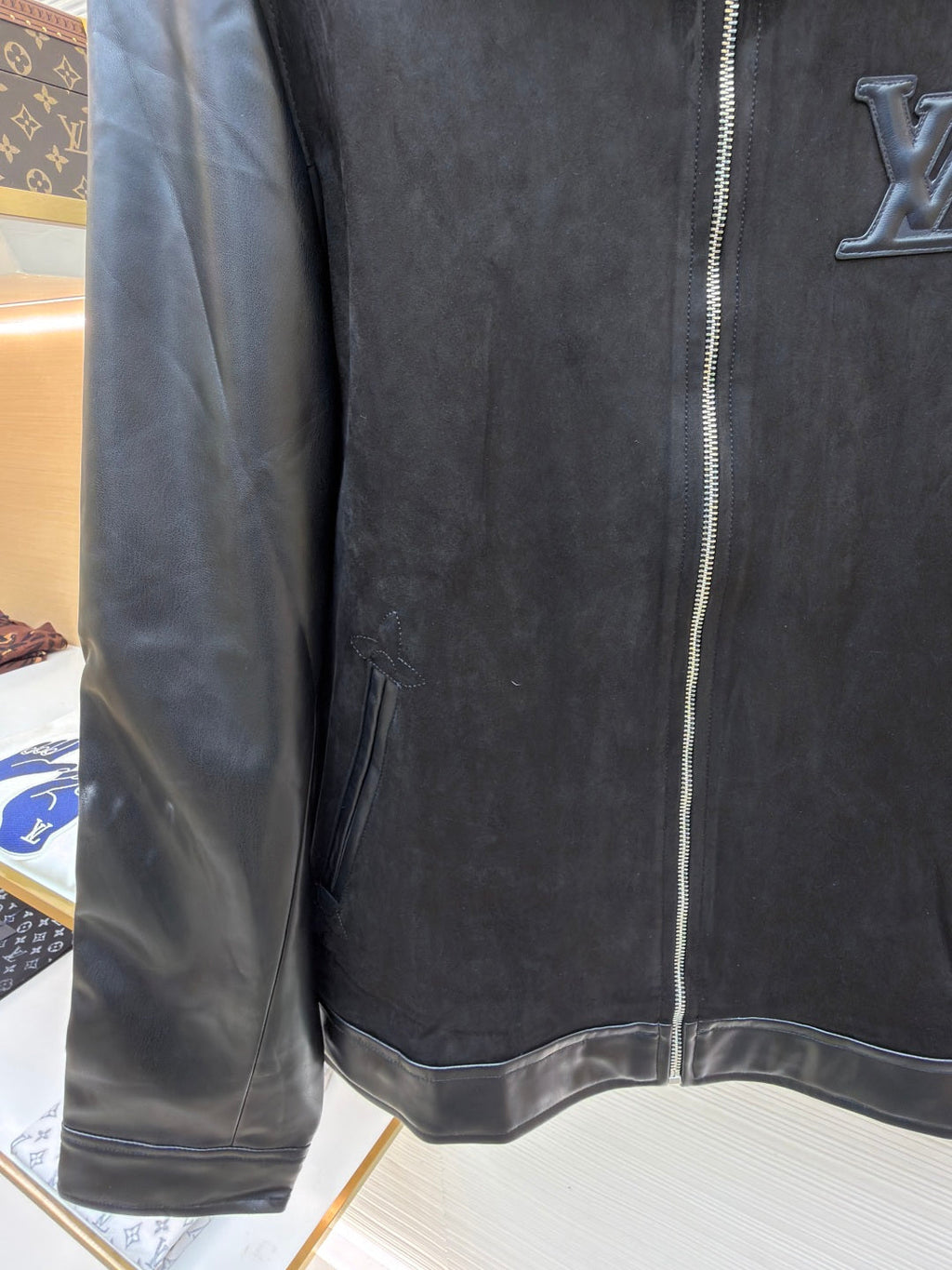 LV Mixed Leather Belt Jacket Men's Coat black