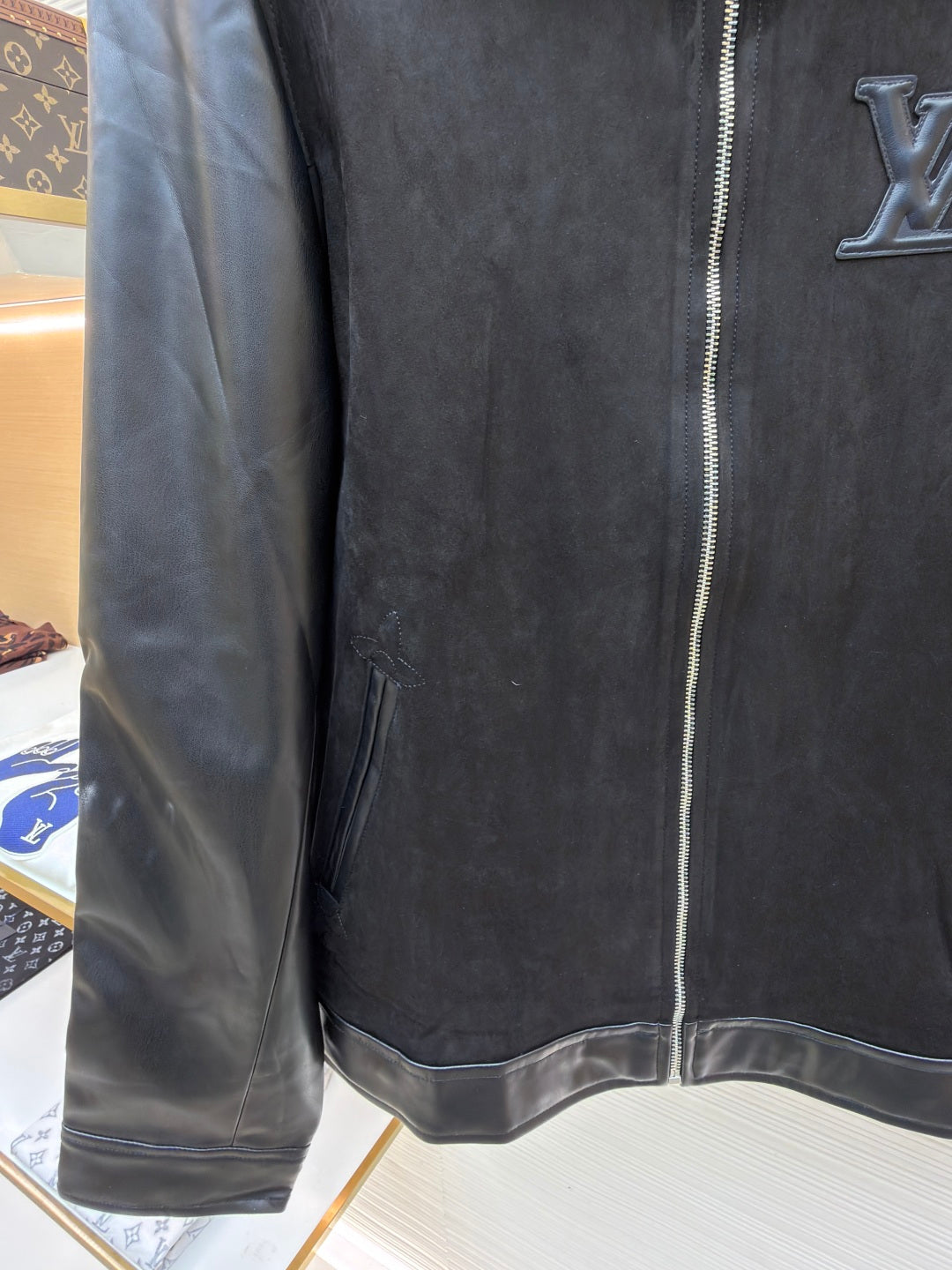 LV Mixed Leather Belt Jacket Men's Coat black