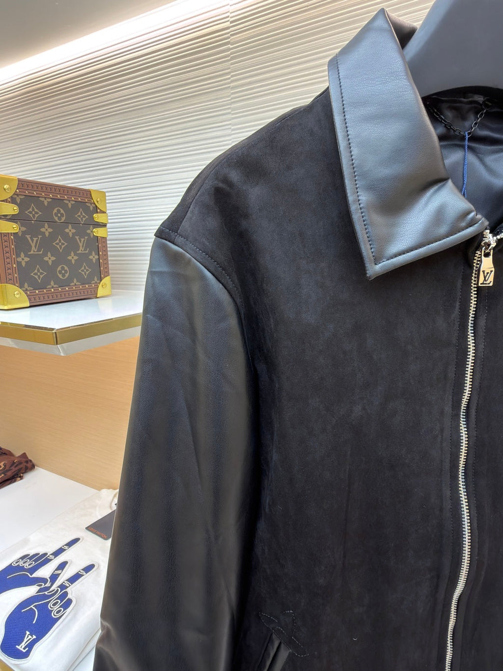 LV Mixed Leather Belt Jacket Men's Coat black