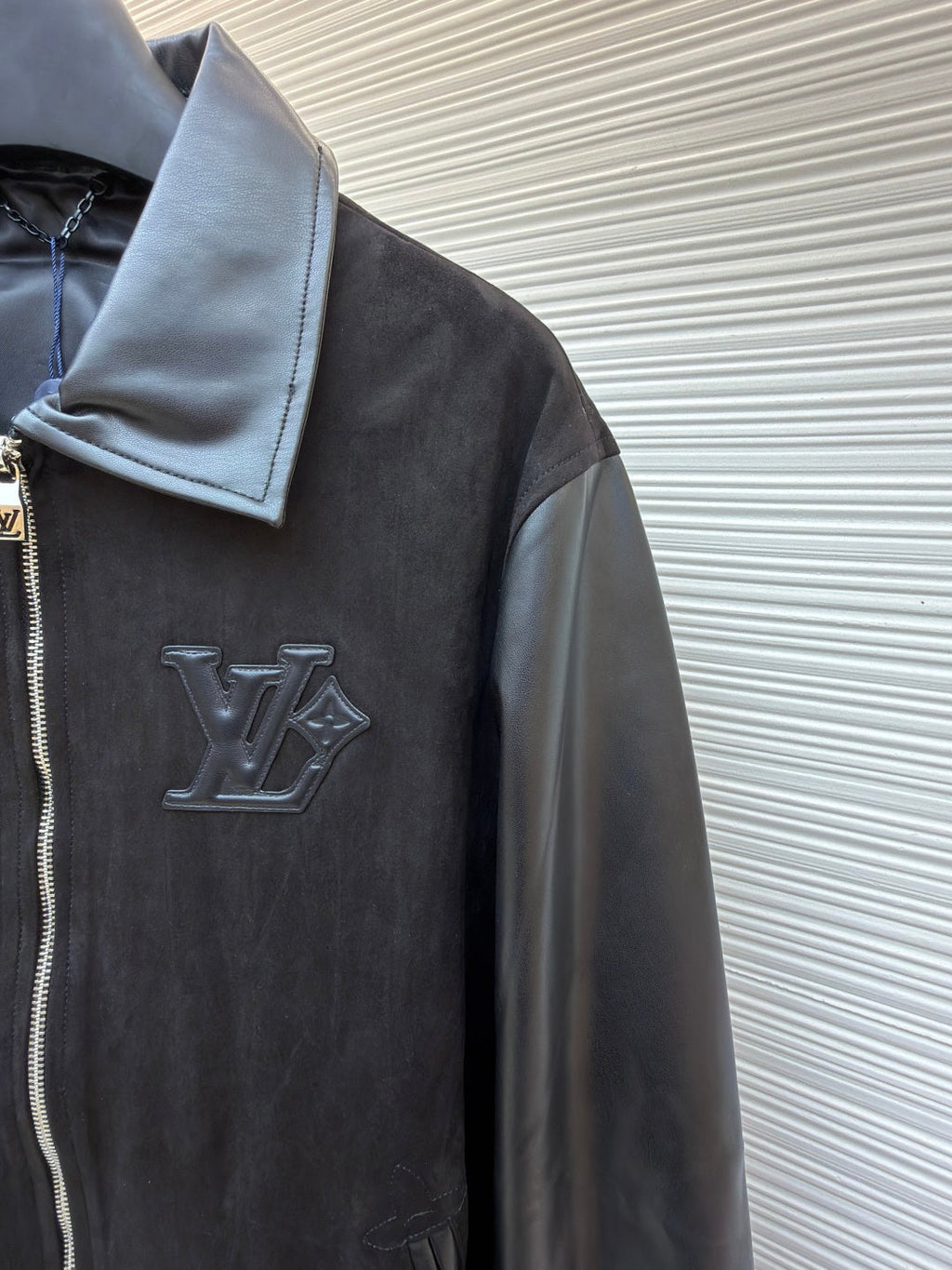 LV Mixed Leather Belt Jacket Men's Coat black