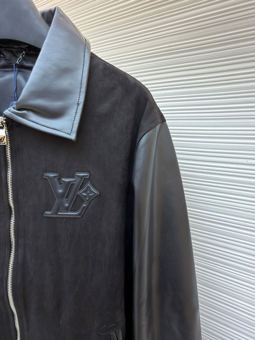 LV Mixed Leather Belt Jacket Men's Coat black