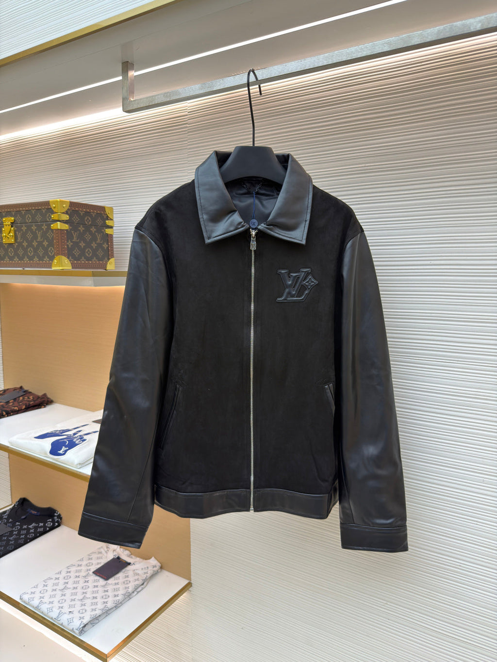 LV Mixed Leather Belt Jacket Men's Coat black