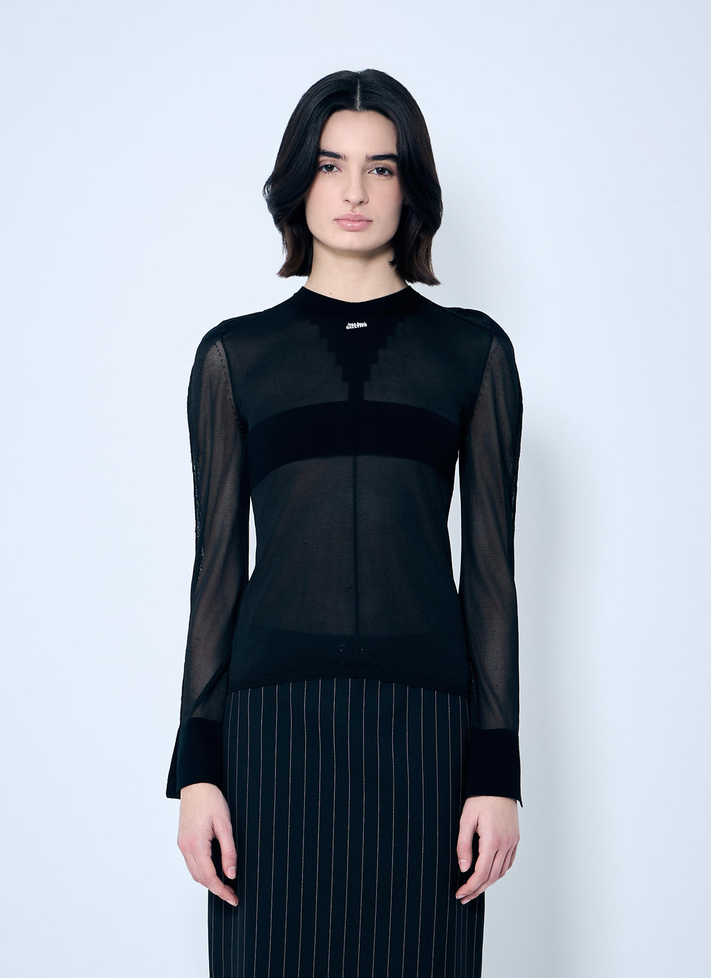 Jean Paul Gaultier ladies Open-Knit Sweater front logo black JPG
