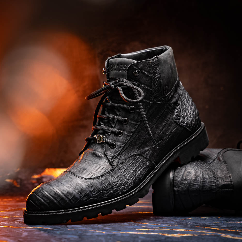 Leoni Oil Black lace-up boots Genuine Caiman crocodile men's black