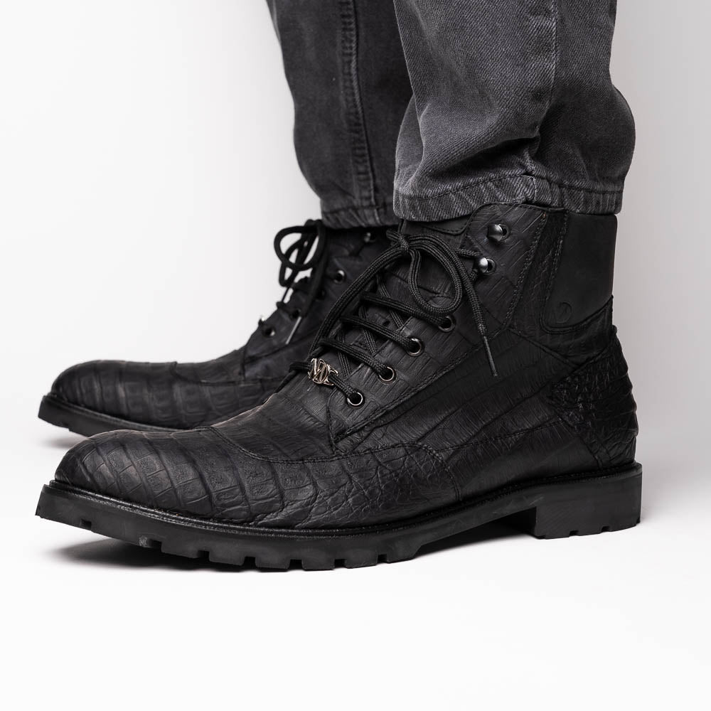 Leoni Oil Black lace-up boots Genuine Caiman crocodile men's black