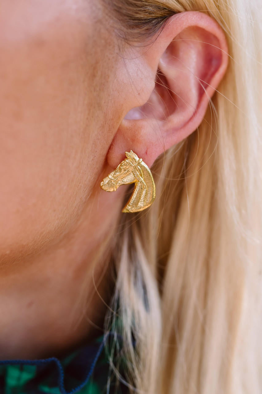 Horsehead - Stud - Gold equestrian rodeo clip on and pierced earrings