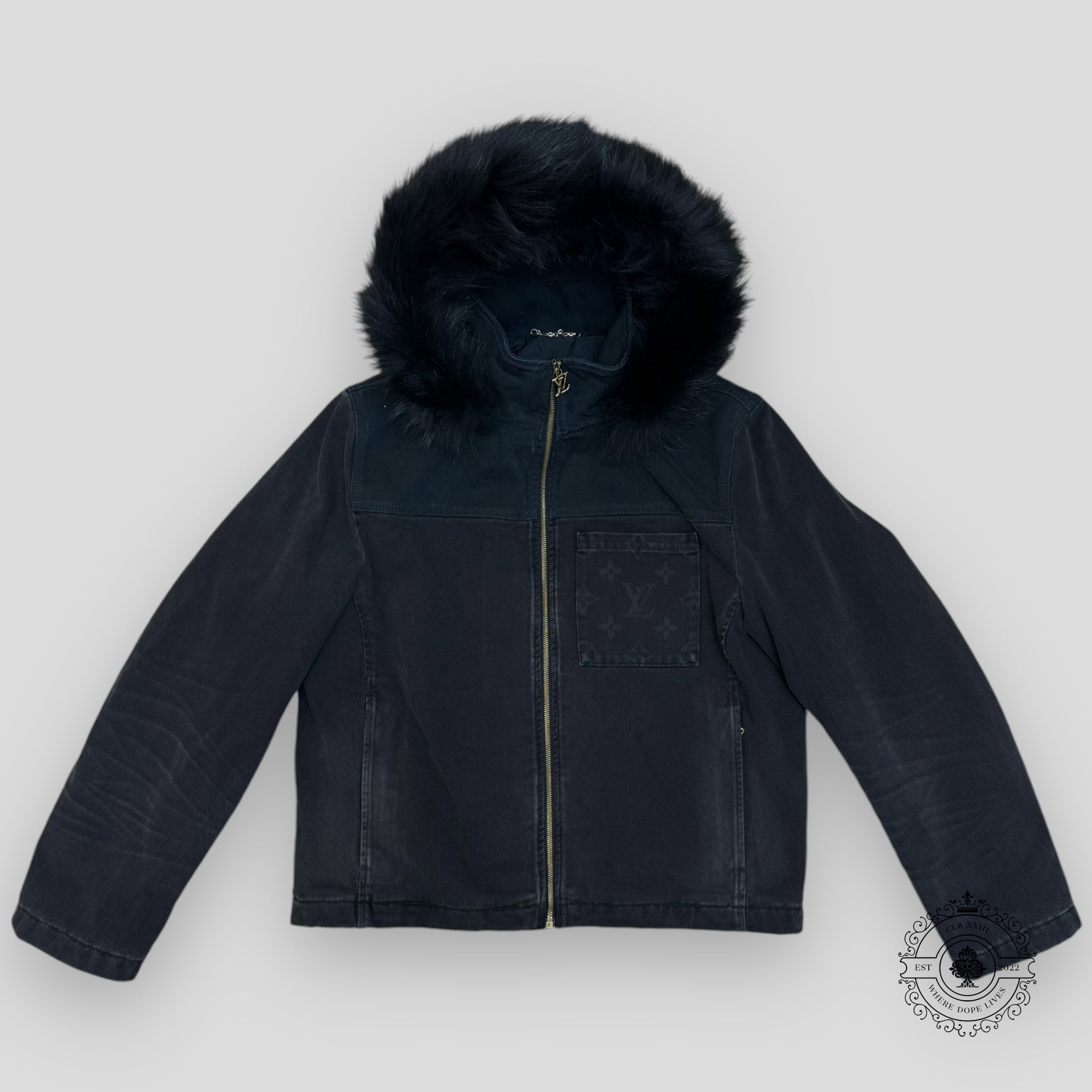Louis Vuitton Denim Blouson coat With Fur Hood jacket men's 50
