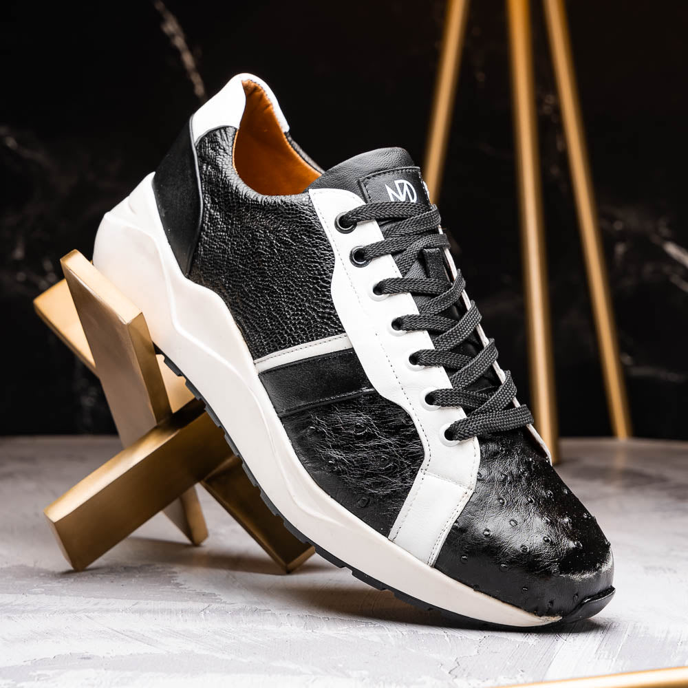 Lyon Black / White men's sneakers ostrich and calfskin leather
