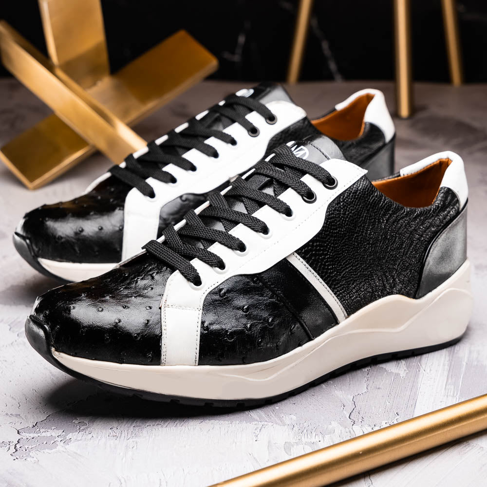 Lyon Black / White men's sneakers ostrich and calfskin leather