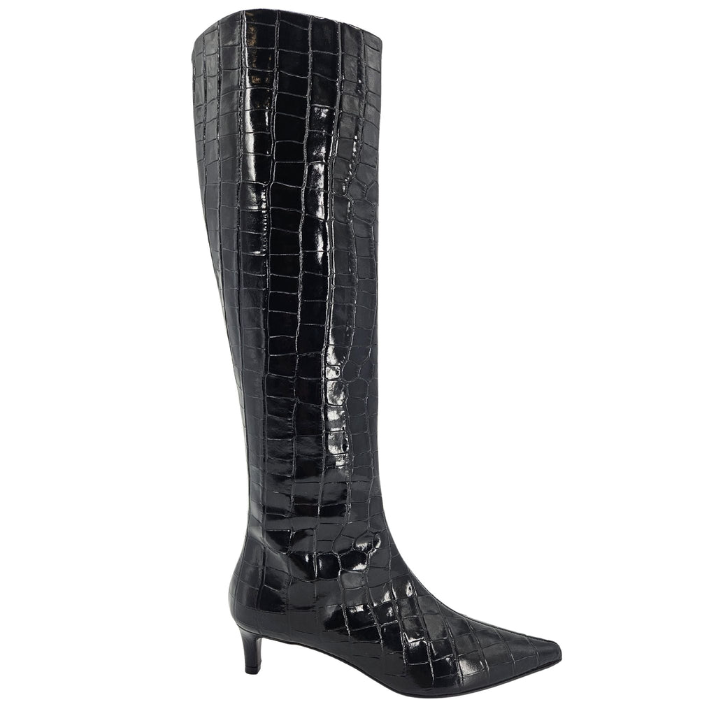 Black Tall Moc Croc Pointy Toe Kitten Heel Boot Madison Maison Beverly Hills