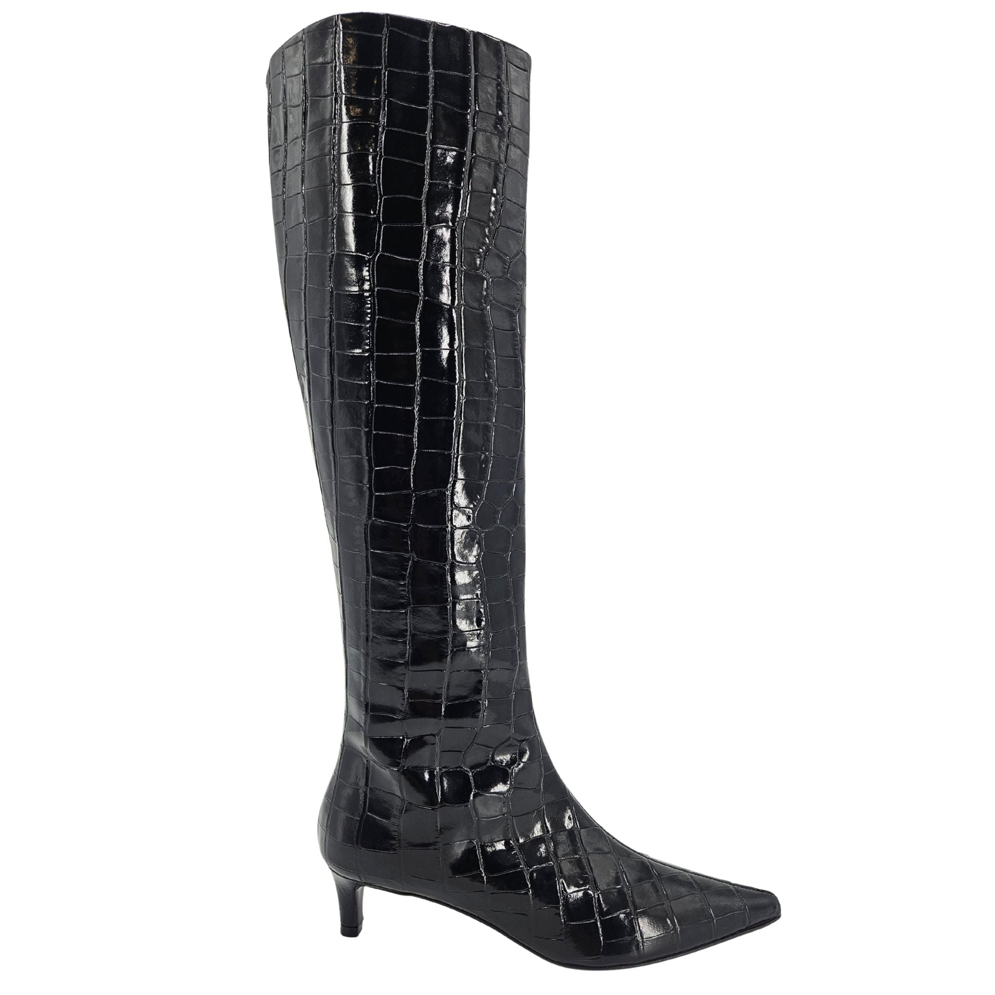 Black Tall Moc Croc Pointy Toe Kitten Heel Boot Madison Maison Beverly Hills