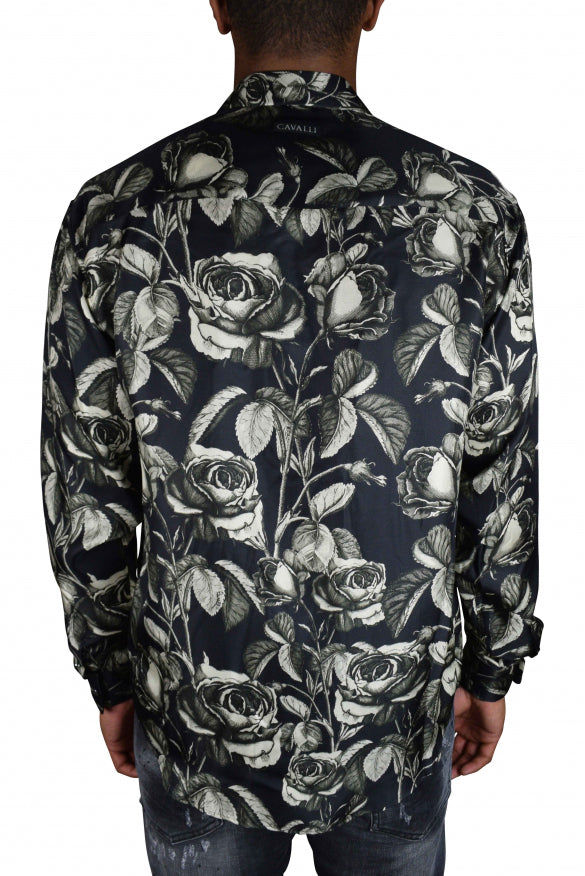Roberto Cavalli Men's SILK Shirt floral design black white