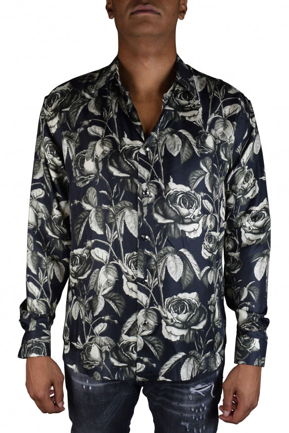 Roberto Cavalli Men's SILK Shirt floral design black white
