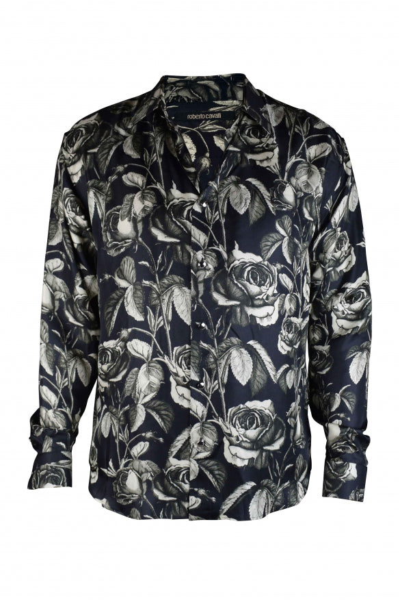 Roberto Cavalli Men's SILK Shirt floral design black white