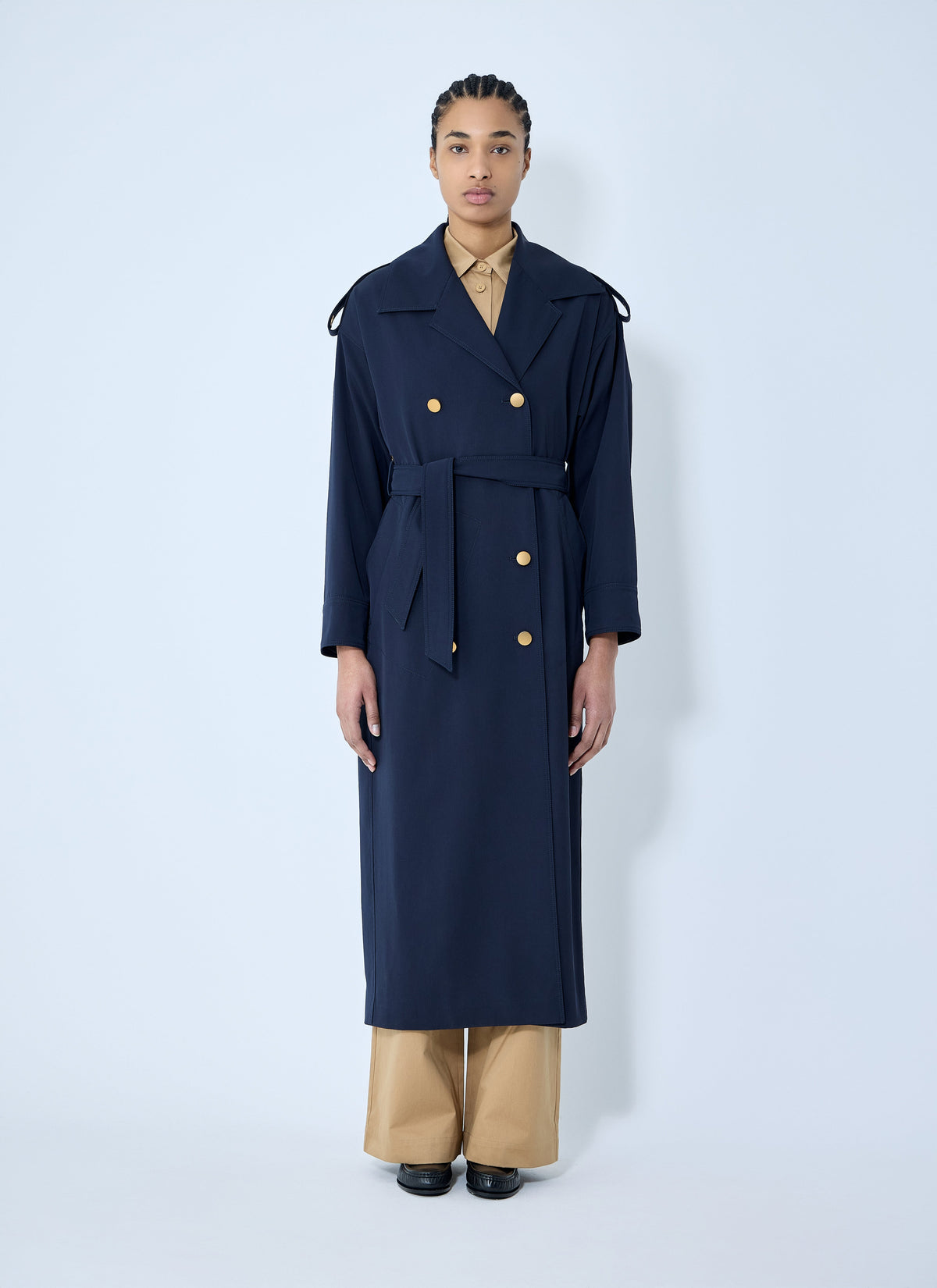Max Mara Ladies Gabardine Wool Coat Navy Long Trench