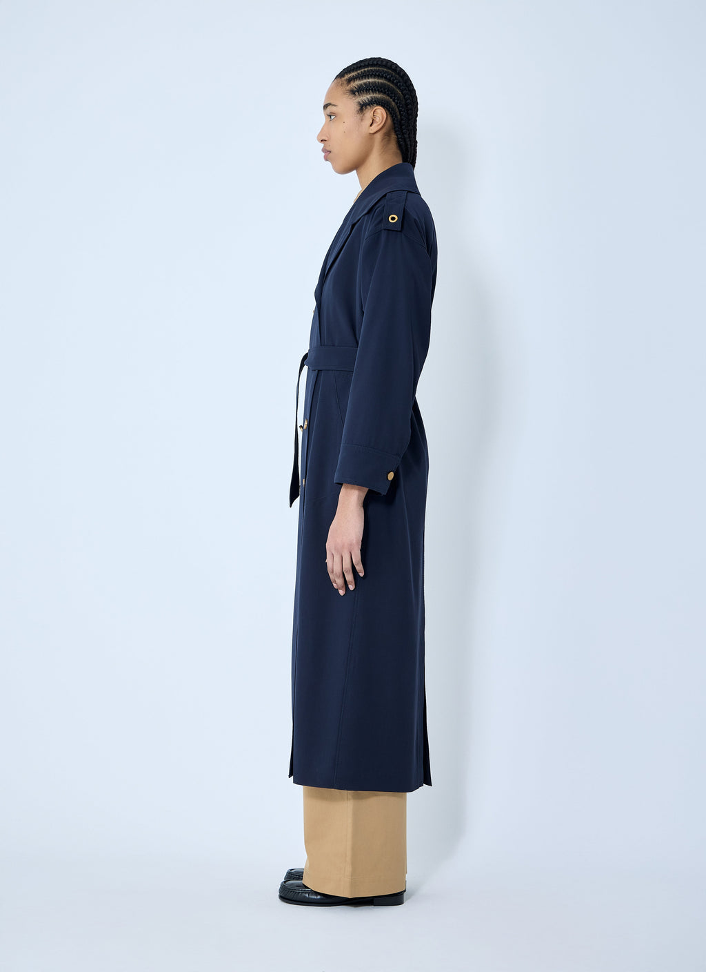 Max Mara Ladies Gabardine Wool Coat Navy Long Trench