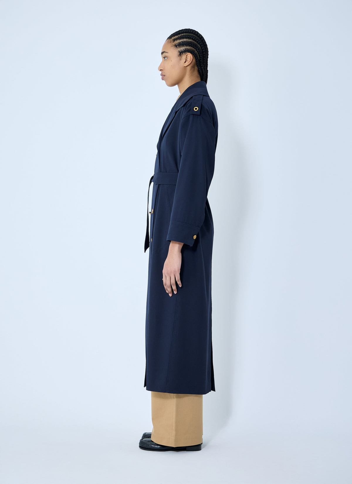Max Mara Ladies Gabardine Wool Coat Navy Long Trench