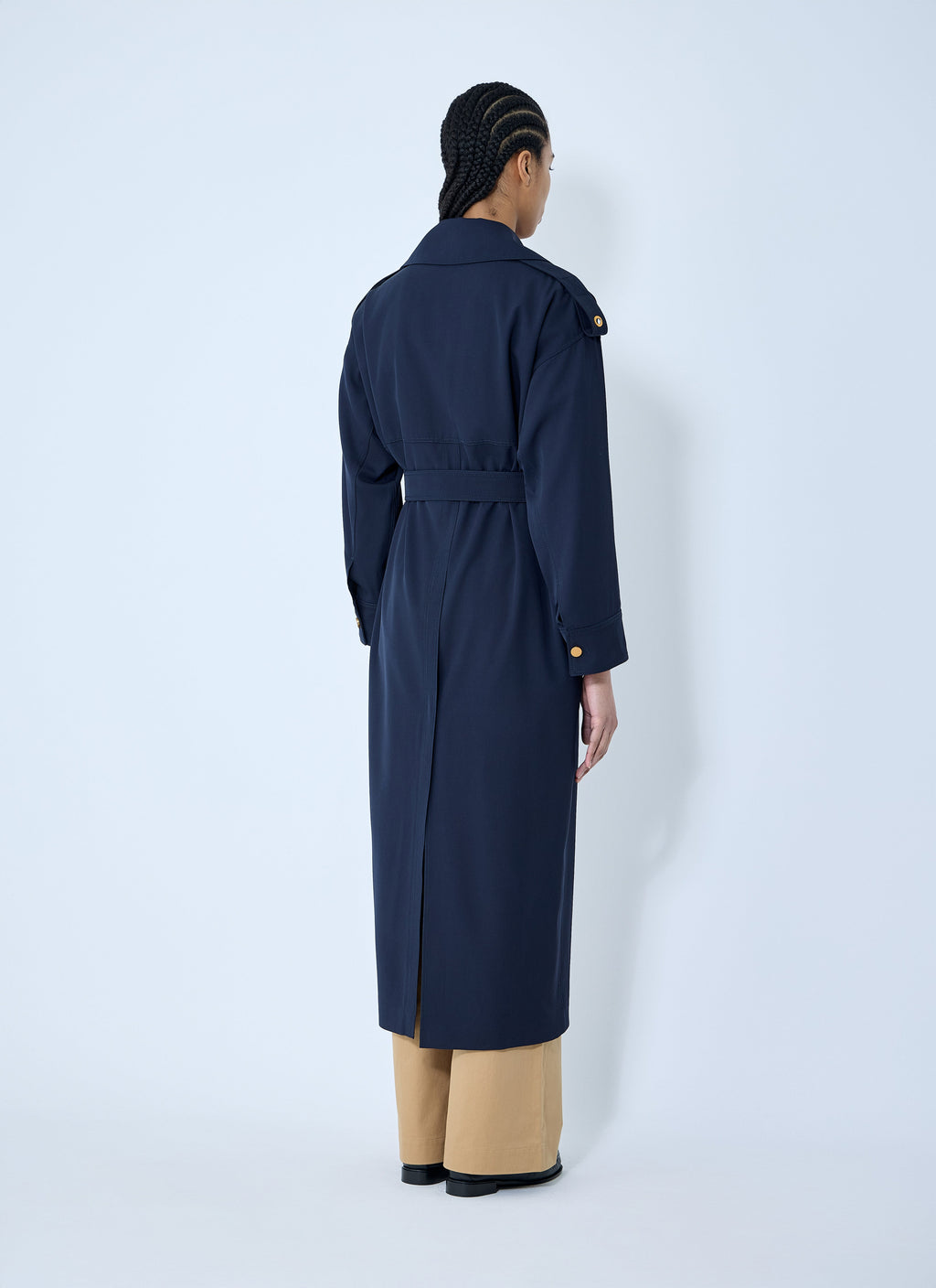 Max Mara Ladies Gabardine Wool Coat Navy Long Trench