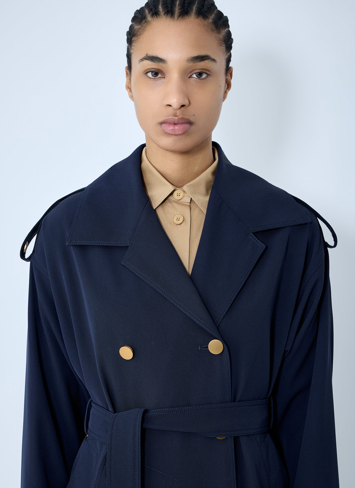 Max Mara Ladies Gabardine Wool Coat Navy Long Trench