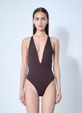Max Mara ladies Cristel Belted Swimsuit One-Piece Plunging Maillot detatchable belt Brown
