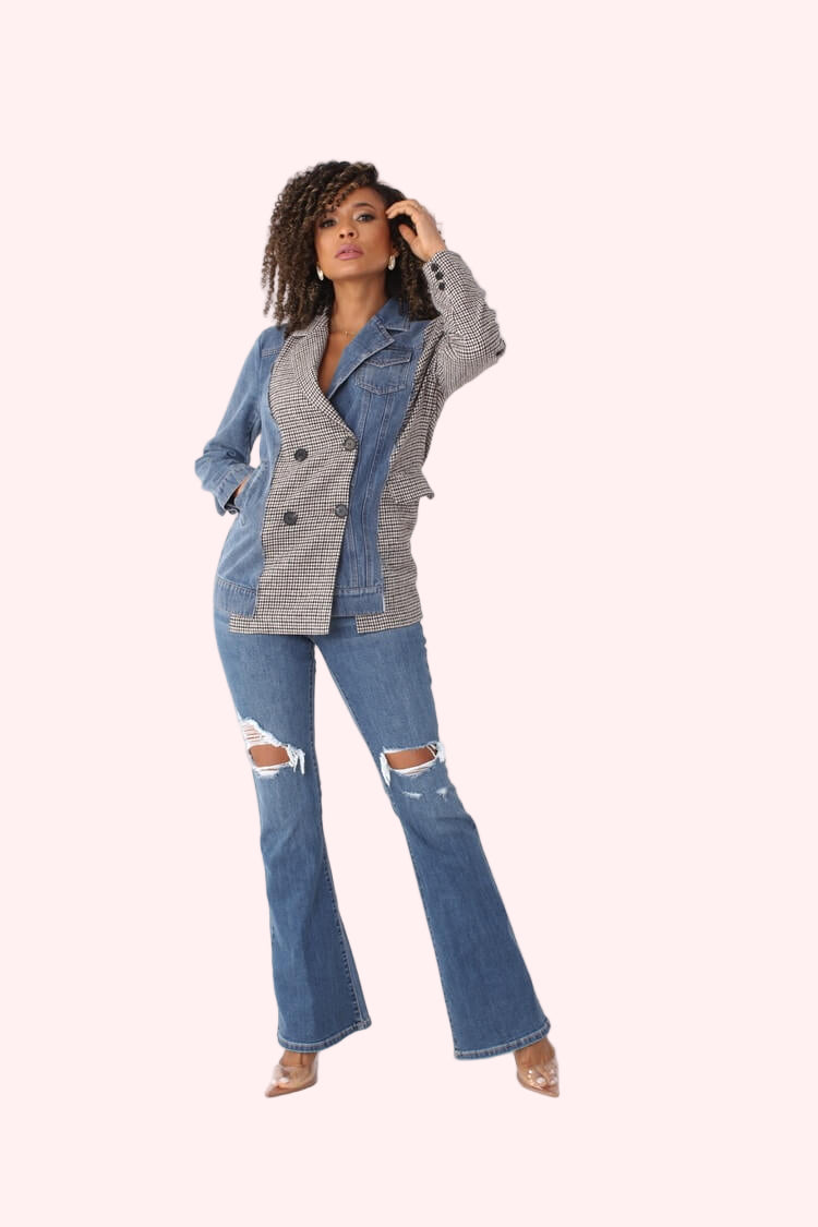 Mixed Media Denim jean and Houndstooth Blazer- 82012 jacket