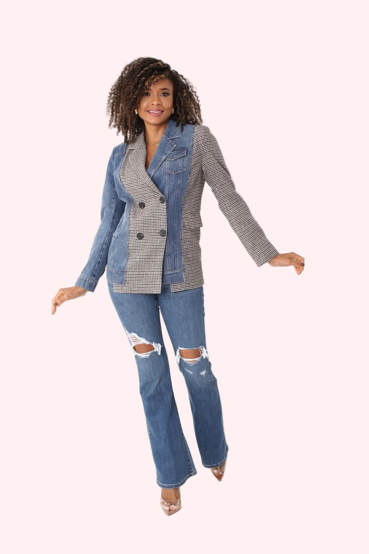 Mixed Media Denim jean and Houndstooth Blazer- 82012 jacket