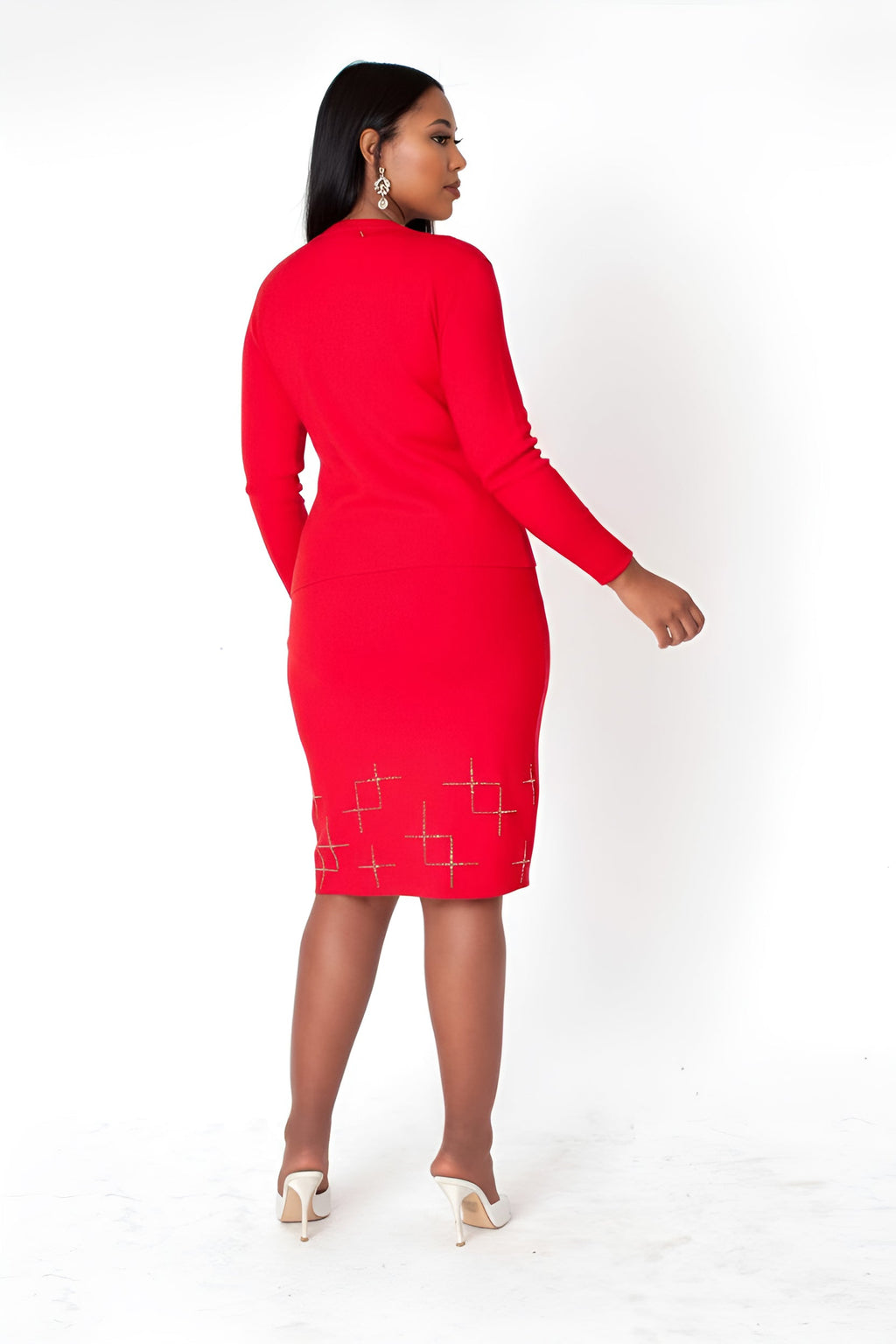 Modern 3-Piece Knit Pant skirt Suit Set with Rhinestone Detail - 82896
