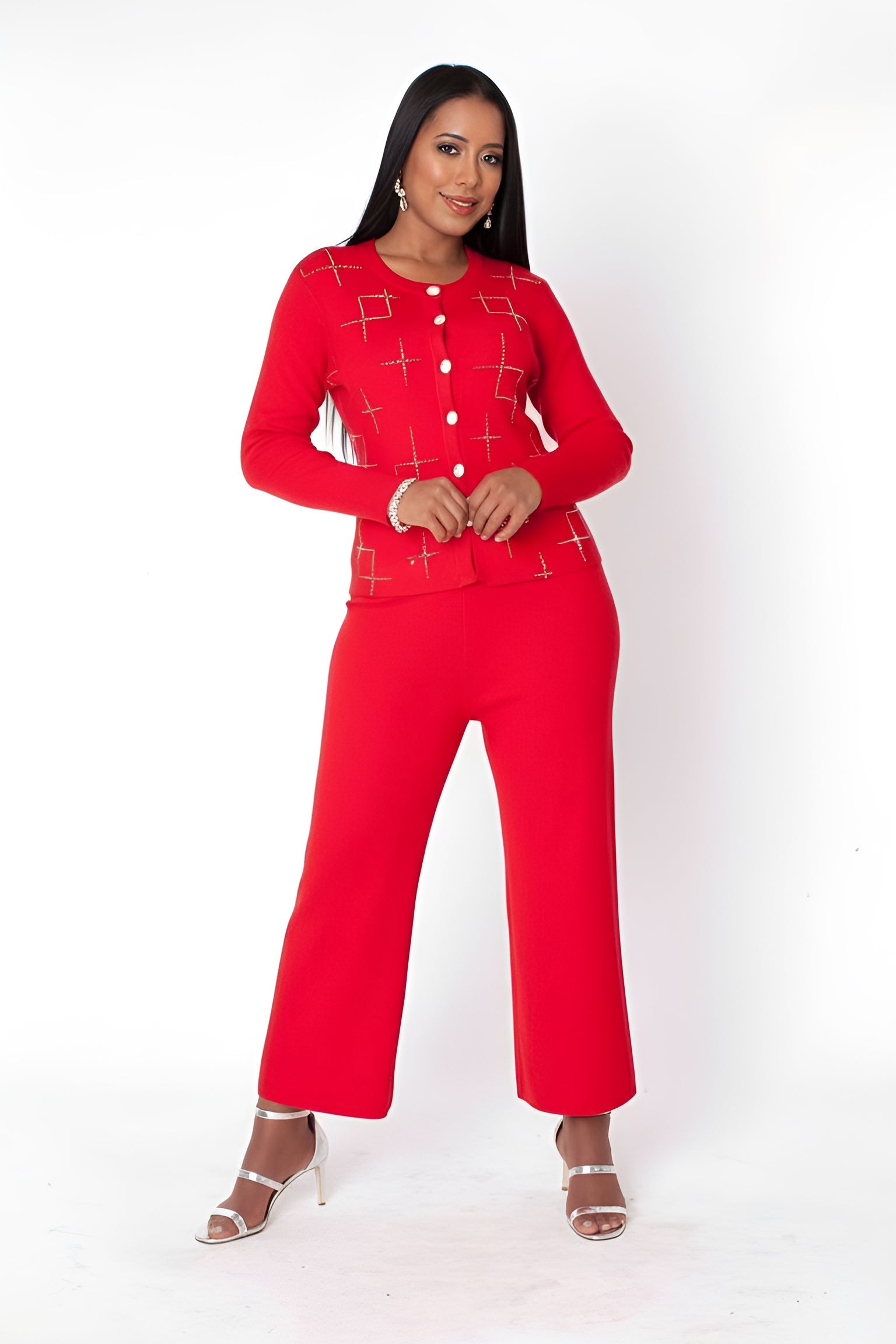 Modern 3-Piece Knit Pant skirt Suit Set with Rhinestone Detail - 82896