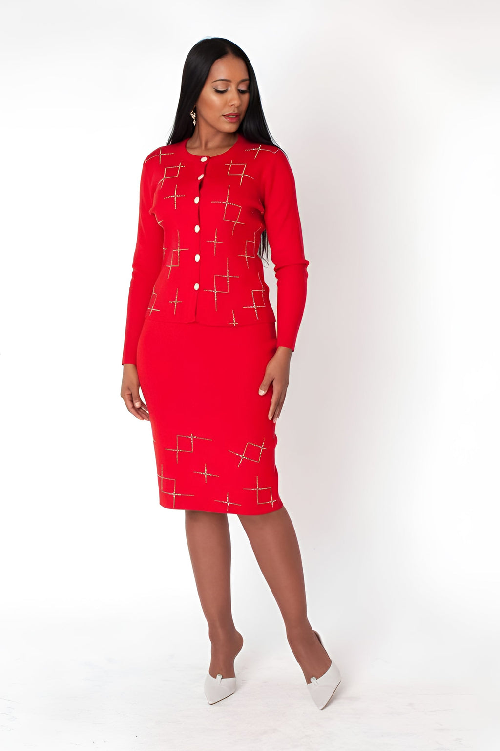 Modern 3-Piece Knit Pant skirt Suit Set with Rhinestone Detail - 82896