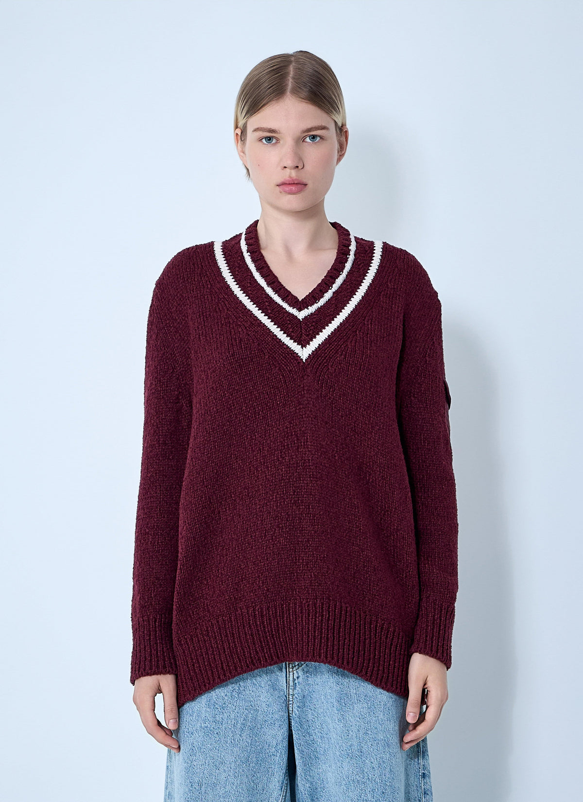 Moncler Ladies Wool Sweater burgundy V-neck wool