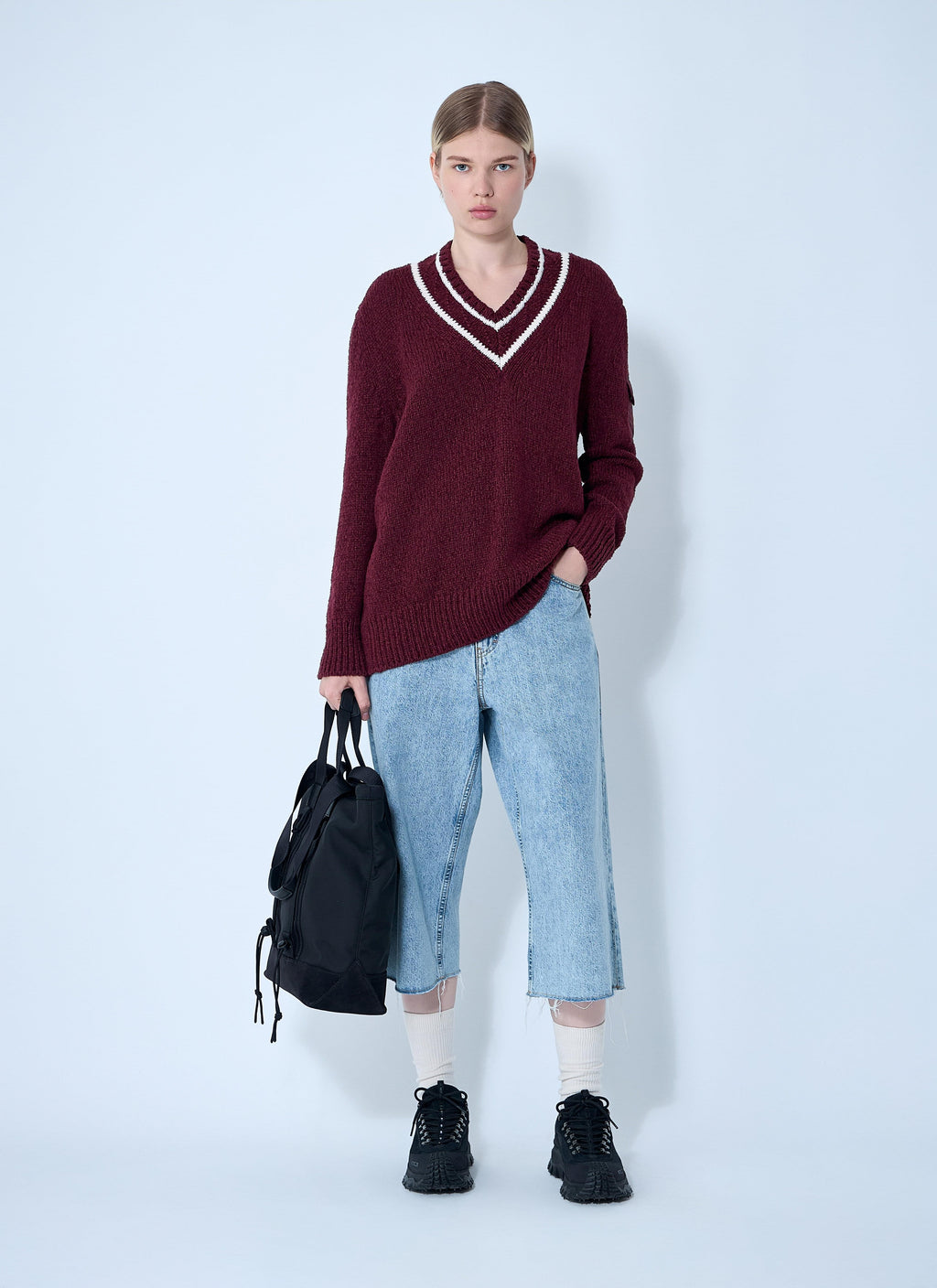 Moncler Ladies Wool Sweater burgundy V-neck wool