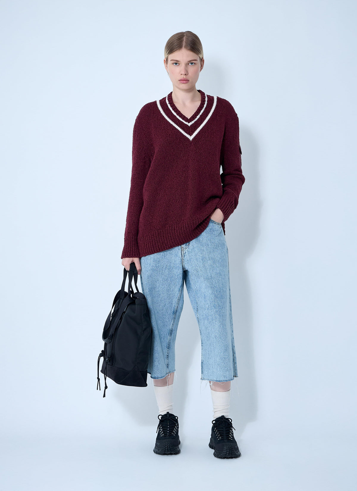 Moncler Ladies Wool Sweater burgundy V-neck wool