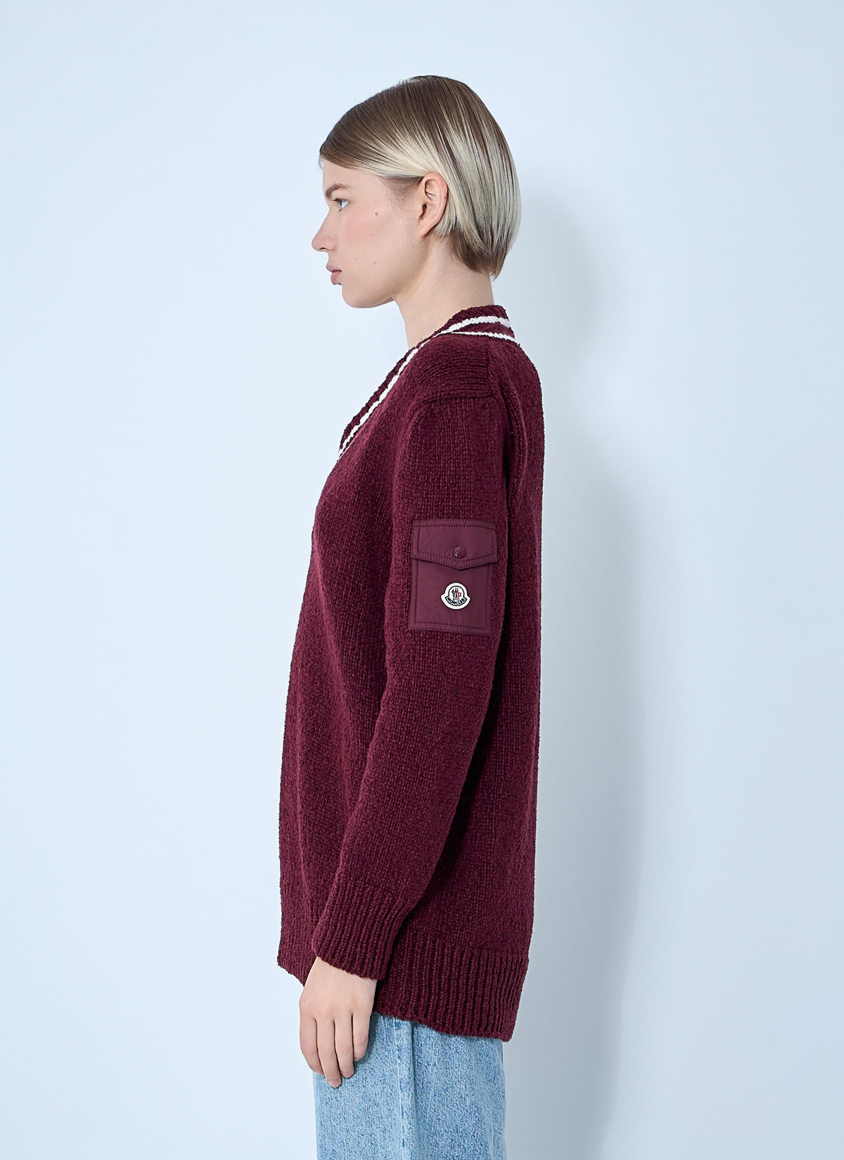 Moncler Ladies Wool Sweater burgundy V-neck wool