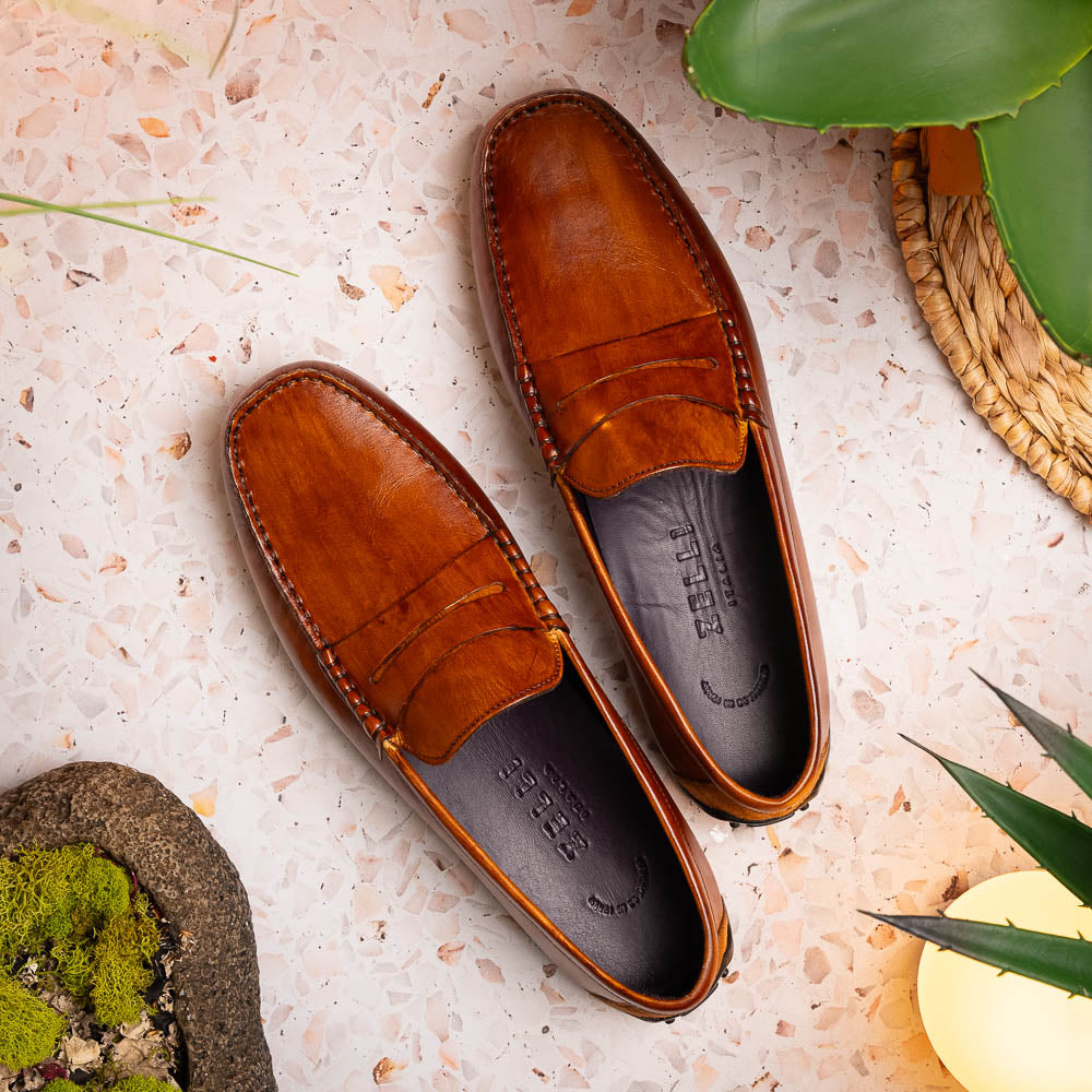 35-115-CGN MONZA Hand Burnished Italian Calfskin Driving Loafers shoes men's