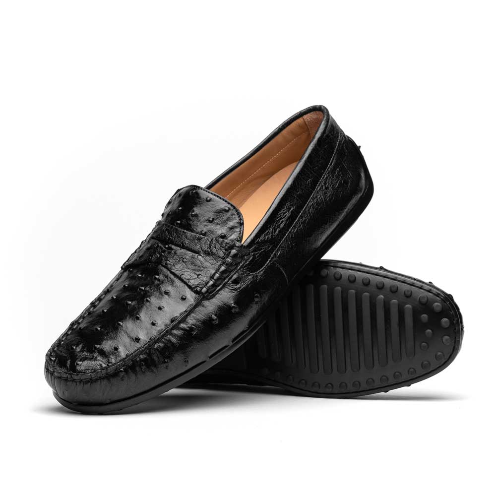 33-100-BLK MONZA genuine Ostrich Quill Driver driving mocs shoes loafers men's