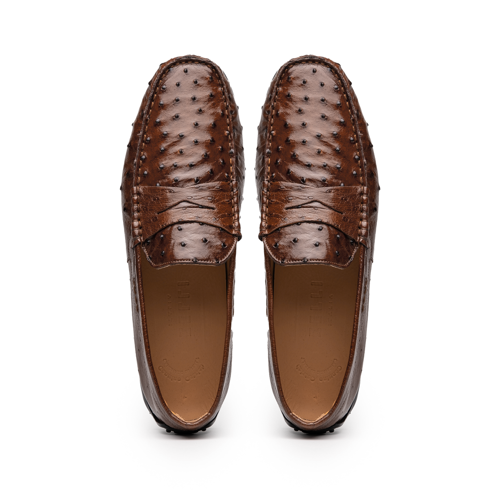 33-100-BRN MONZA Ostrich Quill Driver driving mocs shoes loafers men's Italy