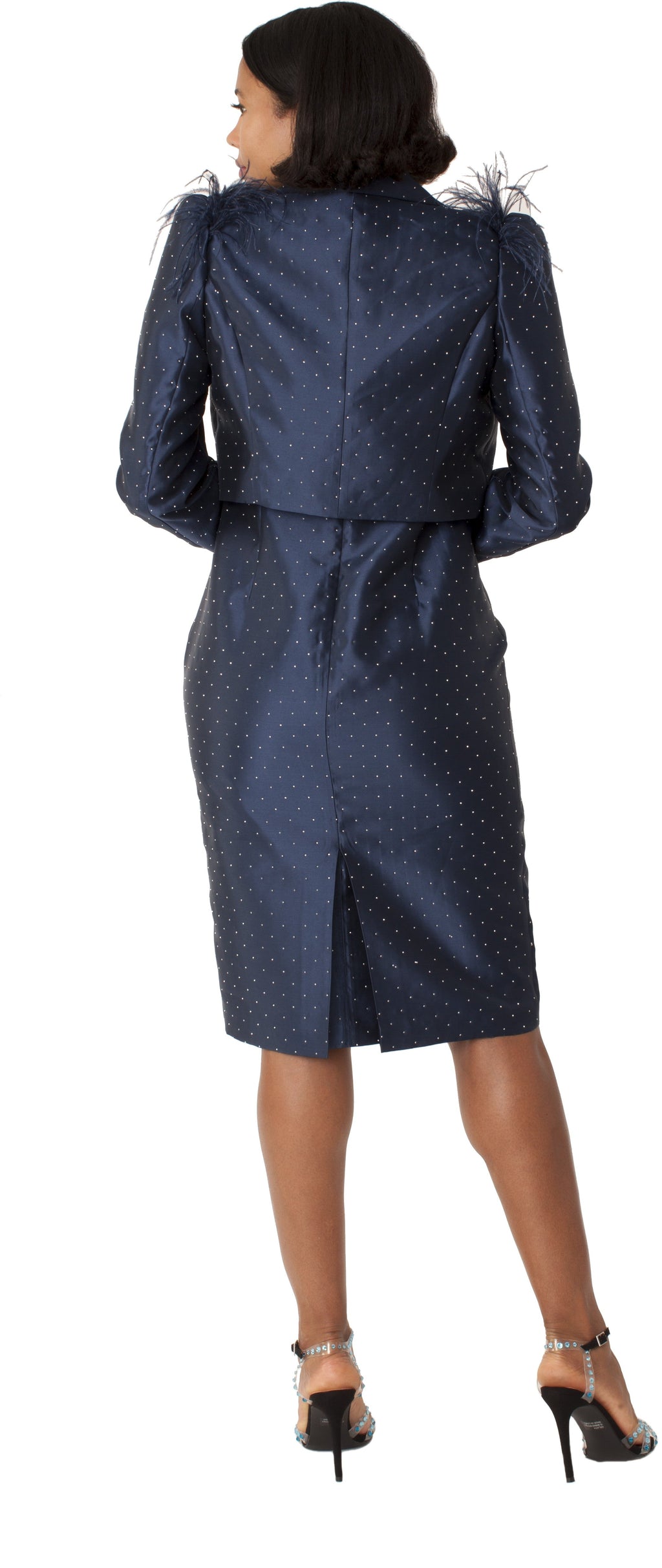Navy Cocktail Dress and Jacket with Rhinestones & Feathered Shoulders - 9766