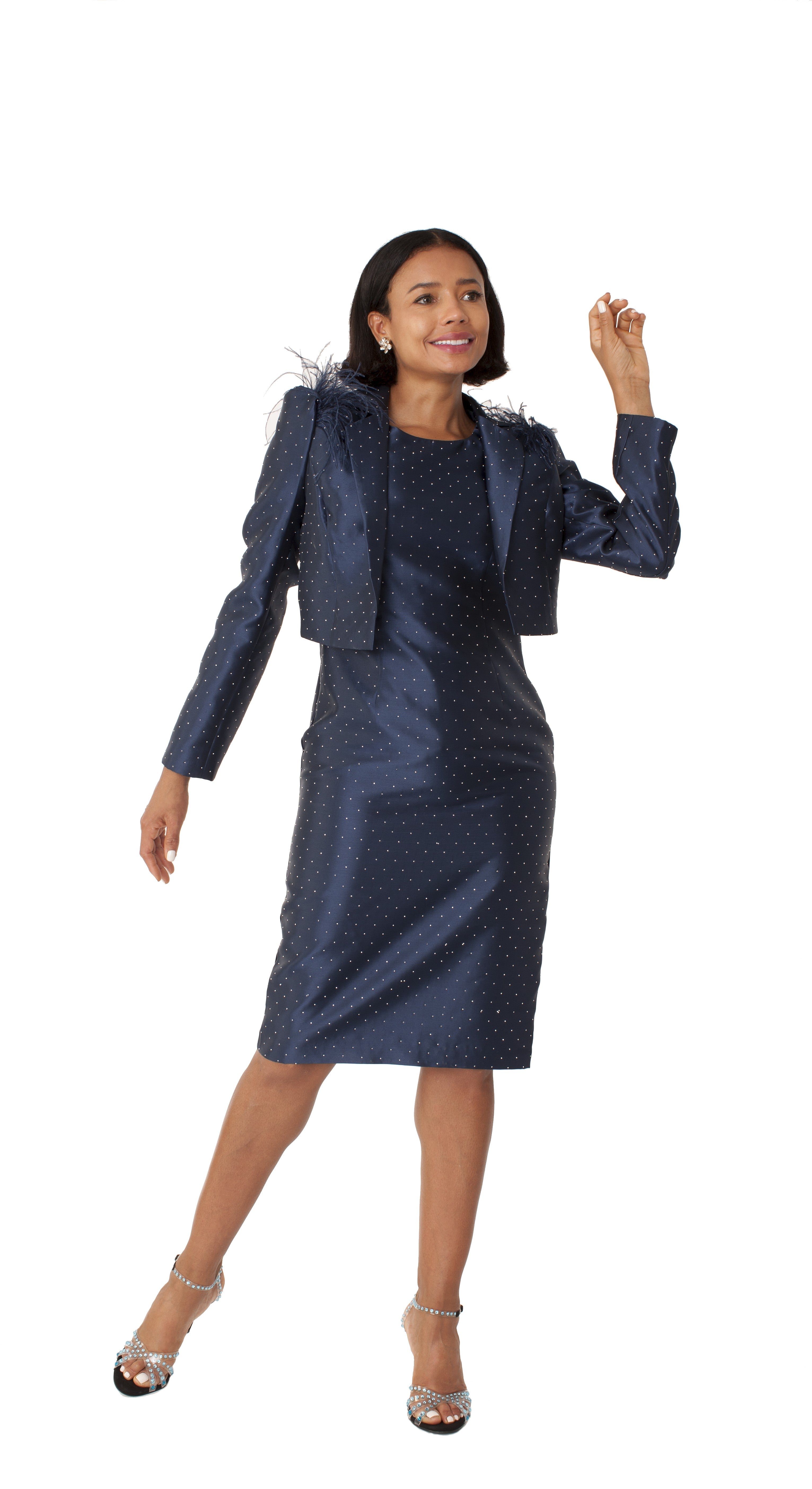 Navy Cocktail Dress and Jacket with Rhinestones & Feathered Shoulders - 9766