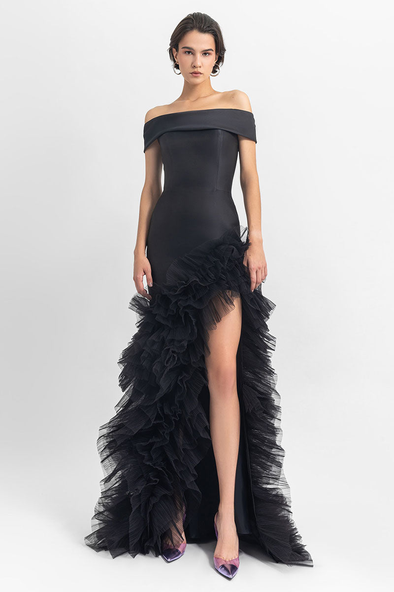 Olivia Black Off-the-Shoulder Maxi Dress gown long formal cocktail pageant