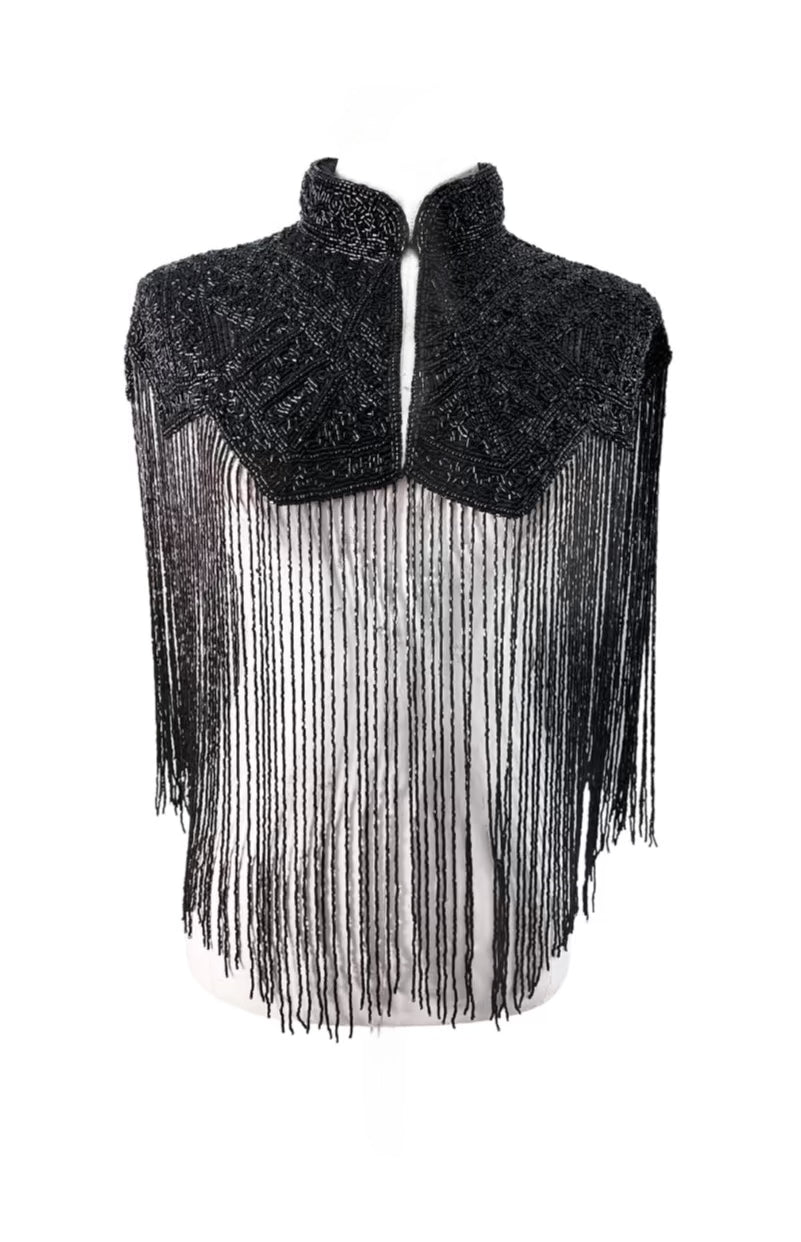 Noir Line Cape Black Beaded fringe formal dressy party