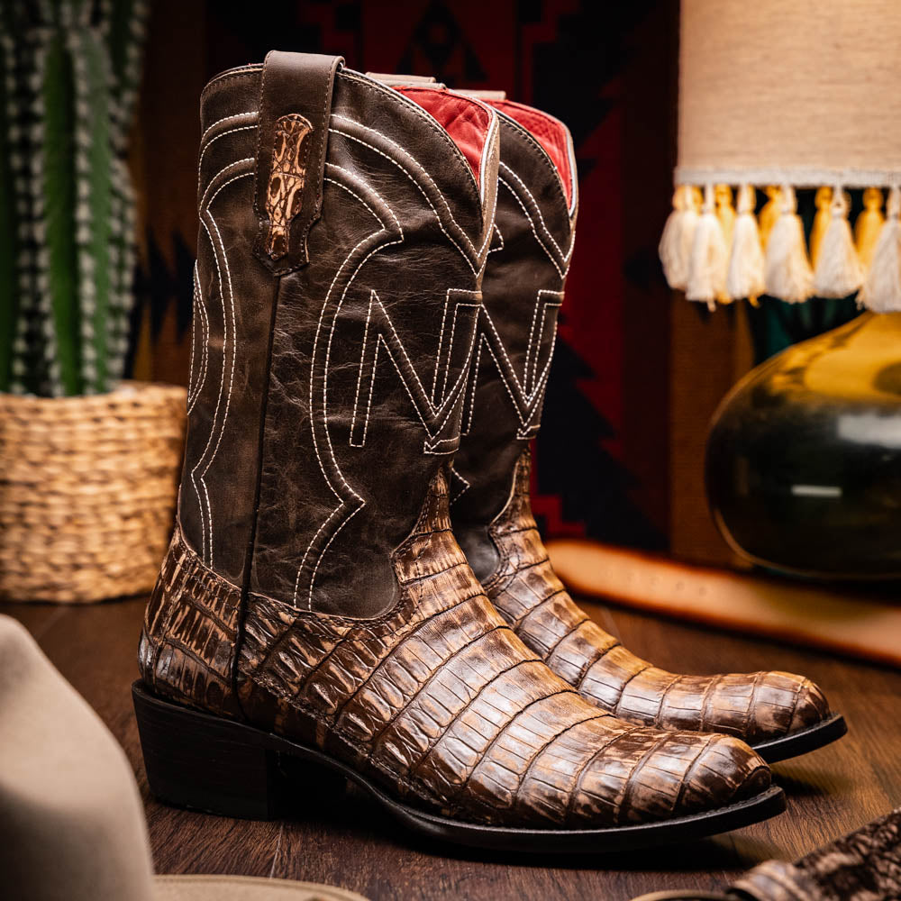 Phoenix Stone Brown Genuine Caiman Skin Cowboy western boots