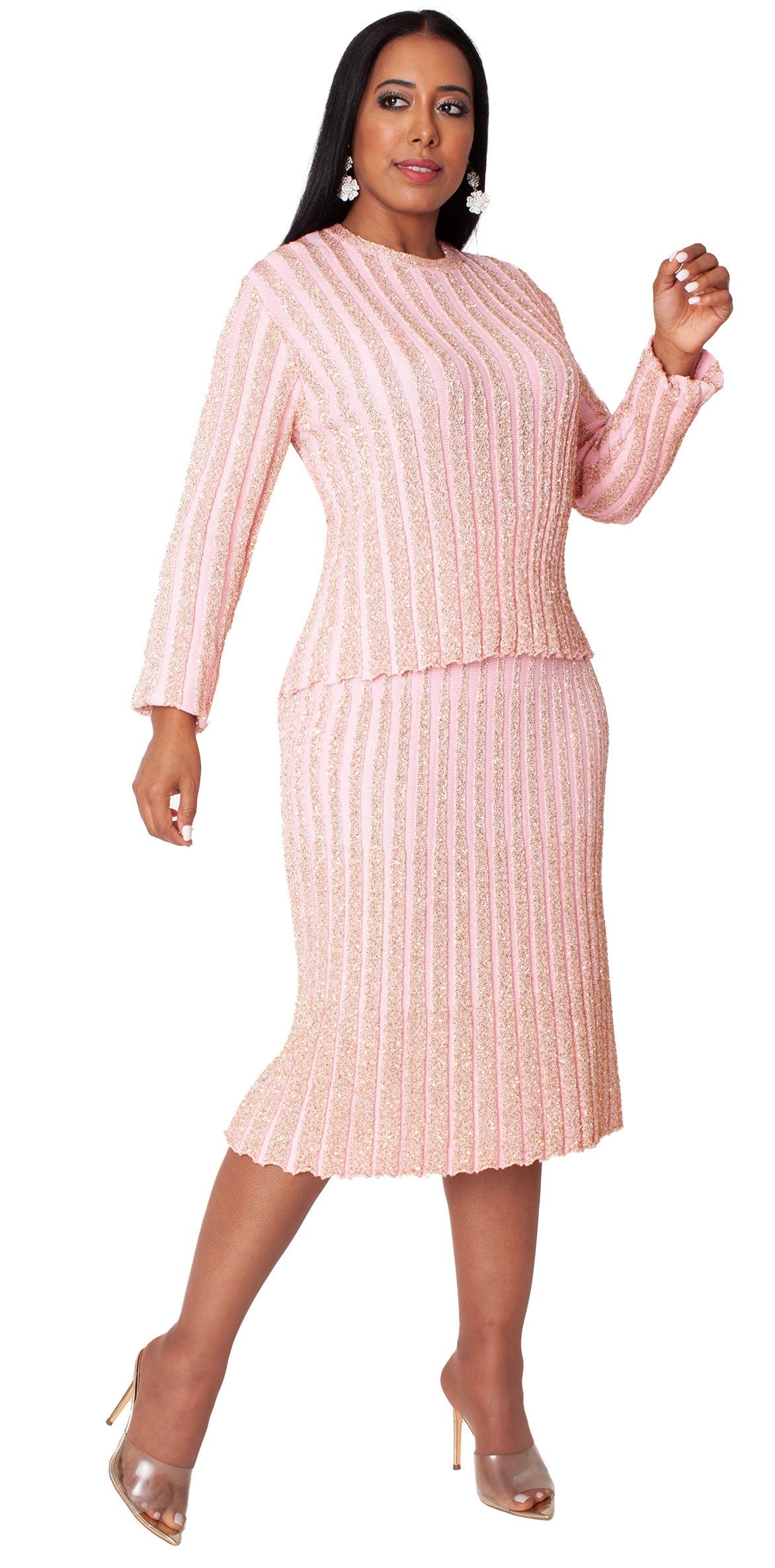 Pink & Gold Shimmer Knit skirt Suit - 5377 set ladies sparkle church dressy