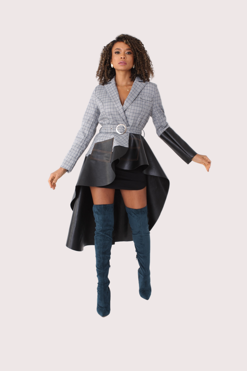 Grey Plaid High-Low Blazer with Leather -82018 boutique ladies trendy