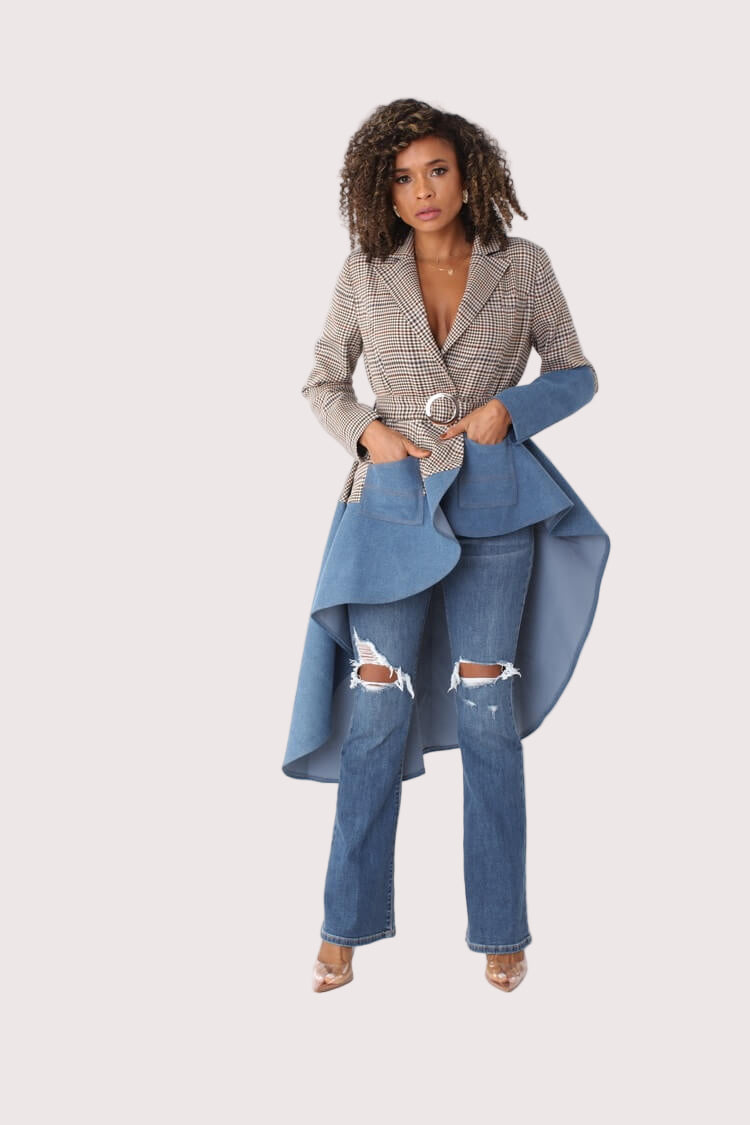 Grey Plaid High-Low Blazer with Leather -82018 boutique ladies trendy
